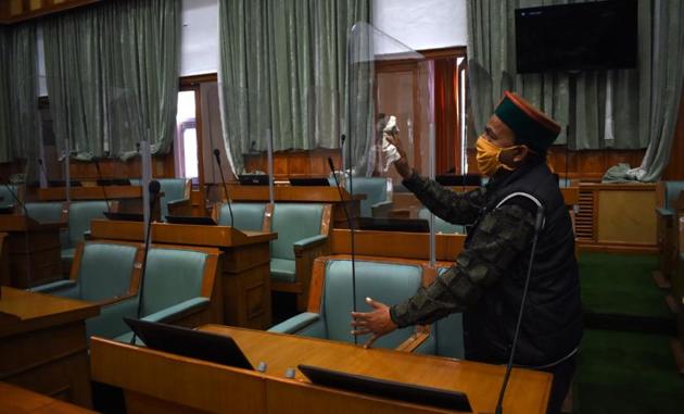 Polycarbonate sheet partitions have been installed between seats of legislators to check the spread of coronavirus infection as the Himachal Pradesh Vidhan Sabha’s monsoon session gets underway on September 7.(Deepak Sansta/HT)