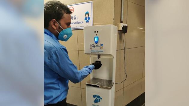 Hand sanitiser at a metro station in Delhi.(Soumya Pillai/HT Photo)