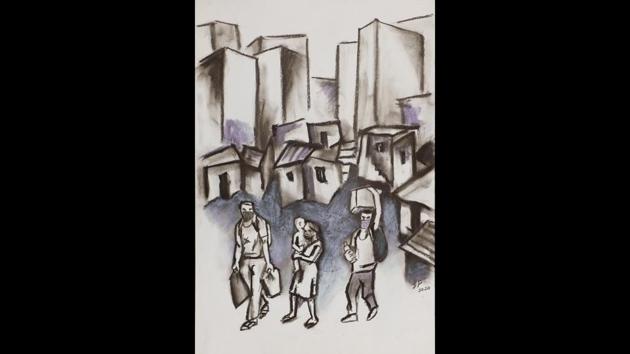 Sudhir Patwardhan: Departure, 2020, pastel on paper. The work is a visceral portrayal of three migrants with a child walking with luggage through a deserted street. The work was made during the lockdown imposed in Mumbai to curb the spread of Covid-19 disease that has infected millions across the world. (Sudhir Patwardhan)