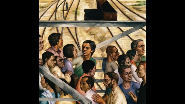 People on a Bridge, Acrylic on canvas, 1996. An ever forward-moving crowd on a foot over bridge is a common experience for the millions who travel on the suburban train network even today. This work juxtaposes a lone figure on the track below against this crowd. Patwardhan reads this as an “interesting contrast,” but it’s also an eerie one. Who is the man standing precariously at the intersection of the train tracks? What is he witnessing? And, importantly, is anyone watching him? (Sudhir Patwardhan)