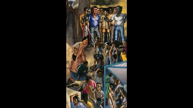 Riot, Acrylic on canvas, 1996. “After the 1992-93 Mumbai riots, I struggled with the idea of a painting that could express some of the anguish. It took three years to paint this image after making multiple drawings, and yet it could do no more than suggest the horror,” Patwardhan said of this work that depicts the riots that broke out in the city in 1992. (Sudhir Patwardhan)