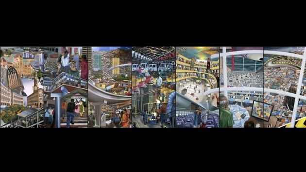 Mumbai Proverbs, Acrylic on canvas, 2014. The seven-panel mural, commissioned by art patron couple Anand and Anuradha Mahindra, portrays a series of cityscapes that makes up the fragmented reality of residents. “This inexhaustible city overwhelms us and baffles us. It excites, enchants and exasperates us. To portray such a city is to soak in it, celebrate it, try and make some sense of it; and mostly to worry about it,” said Patwardhan. (Sudhir Patwardhan)