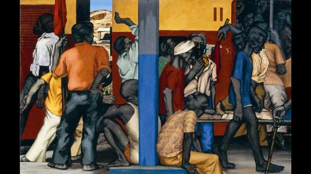Accident on May Day, Oil on canvas, 1981. Patwardhan based this work on his experience of witnessing a train accident in his early days in Mumbai — it can be seen as a metaphor of the decline of the organized working movement, he said. The artist moved to the city in the 1970s, when the city had a rich cultural and political atmosphere that derived from the organized working class movements. (Sudhir Patwardhan)