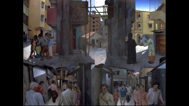 Bylanes Saga Diptych, Acrylic on Canvas, 2007. In the wall text of “Walking through soul city: A retrospective,” at the NGMA, art critic Nancy Adajania pointed out references to medieval Christian iconography — the child in the clearing recalls Leonardo da Vinci’s portrait of St Jerome in the Wilderness, for instance. The painting employs a structure of “fracture and continuity”, as the artist put it, to portray hope and despair unfolding in the bylanes. (Sudhir Patwardhan)