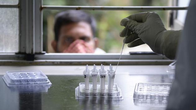 A health worker collects a swab sample to test for the Covid-19 coronavirus at a primary health centre in Hyderabad on September 3. As of September 5, there are 846,395 active cases of infection in the country, accounting for 21.04% of India’s total caseload. (Noah Seelam / AFP) A health worker collects a swab sample to test for the Covid-19 coronavirus at a primary health centre in Hyderabad on September 3. As of September 5, there are 846,395 active cases of infection in the country, accounting for 21.04% of India’s total caseload. (Noah Seelam / AFP)