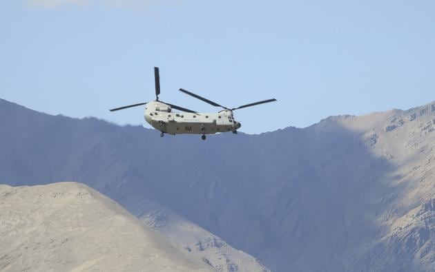Leh: An IAF Chinook helicopter in skies of Ladakh.(PTI) Leh: An IAF Chinook helicopter in skies of Ladakh.(PTI)