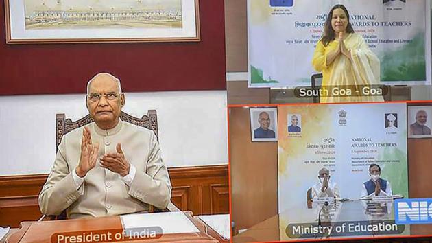 President Ram Nath Kovind virtually presents the National Award to teachers on the occasion of Teachers’ Day, in New Delhi on Saturday.(PTI PHOTO.)