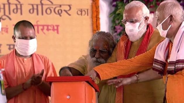File photo: Prime Minister Narendra Modi unveiling the plaque of Ram Temple in Ayodhya.(ANI)