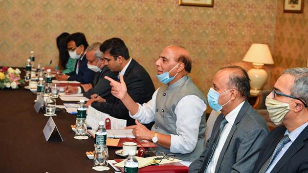 Defence Minister Rajnath Singh during a meeting with the Chinese Defence Minister General Fenghe (unseen), in Moscow.(PTI) Defence Minister Rajnath Singh during a meeting with the Chinese Defence Minister General Fenghe (unseen), in Moscow.(PTI)