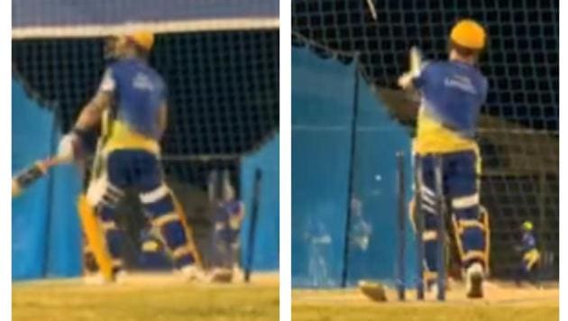 MS Dhoni against Piyush Chawla in CSK net session (Screengrab) MS Dhoni against Piyush Chawla in CSK net session (Screengrab)