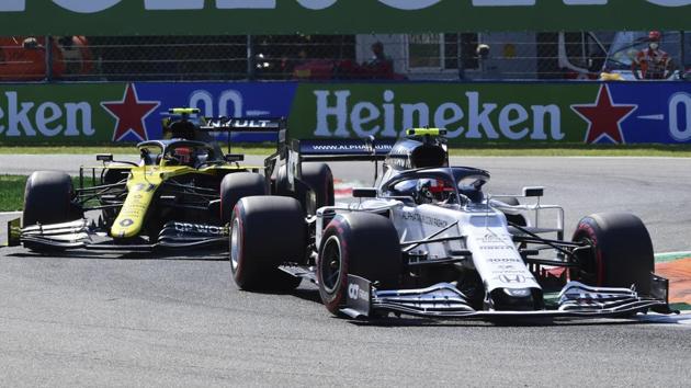 AlfaTauri driver Pierre Gasly of France leads Renault driver Esteban Ocon of France during the qualifying session for Sunday's Italian Formula One Grand Prix, at the Monza racetrack in Monza, Italy, Saturday, Sept. 5 , 2020. (Jennifer Lorenzini, Pool via AP)(AP)