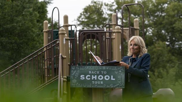 Jill Biden, wife of Democratic presidential candidate former Vice President Joe Biden, walks from a podium in front of a closed playground during a tour of the Evan G. Shortlidge Academy in Wilmington.(AP) Jill Biden, wife of Democratic presidential candidate former Vice President Joe Biden, walks from a podium in front of a closed playground during a tour of the Evan G. Shortlidge Academy in Wilmington.(AP)