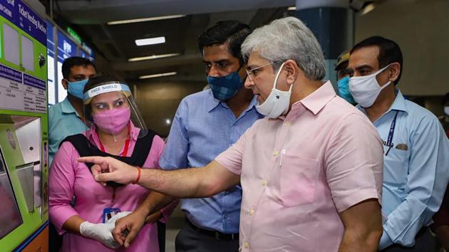 Delhi Transport Minister Kailash Gahlot inspects Rajiv Chowk metro station ahead of its reopening from Monday, in New Delhi. (PTI photo) Delhi Transport Minister Kailash Gahlot inspects Rajiv Chowk metro station ahead of its reopening from Monday, in New Delhi. (PTI photo)