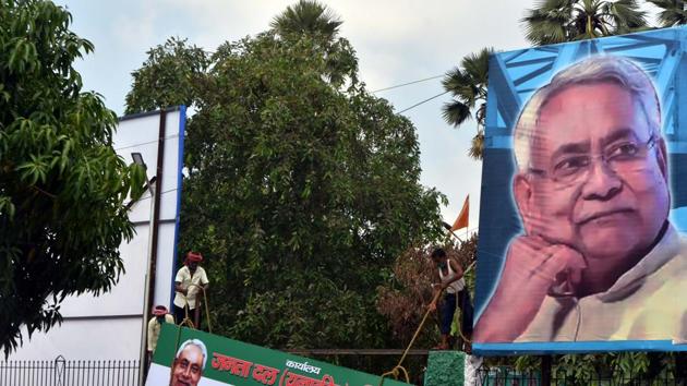 New posters of Chief minister Nitish Kumar at Janata Dal (United) headquarter in Patna ahead of Monday’s virtual rally. (HT PHOTO) New posters of Chief minister Nitish Kumar at Janata Dal (United) headquarter in Patna ahead of Monday’s virtual rally. (HT PHOTO)