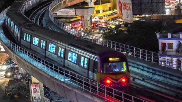 A six-coach Namma Metro runs on a track after its inauguration in June 2018.(PTI File Photo)