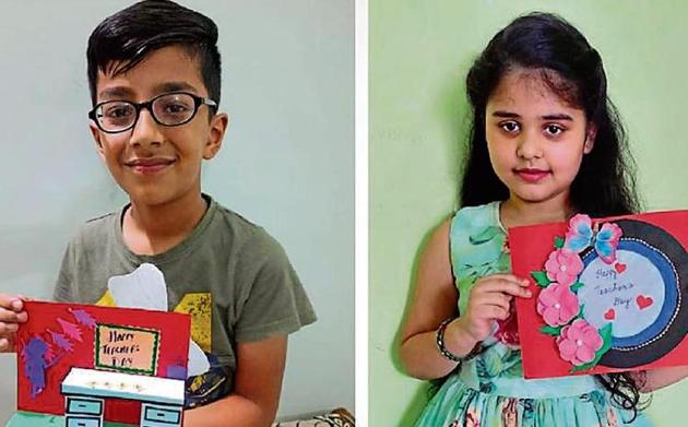 Students of Stepping Stones School, Chandigarh, presenting cards to their teachers during the online Teacher’s Day celebrations. (HT) Students of Stepping Stones School, Chandigarh, presenting cards to their teachers during the online Teacher’s Day celebrations. (HT)