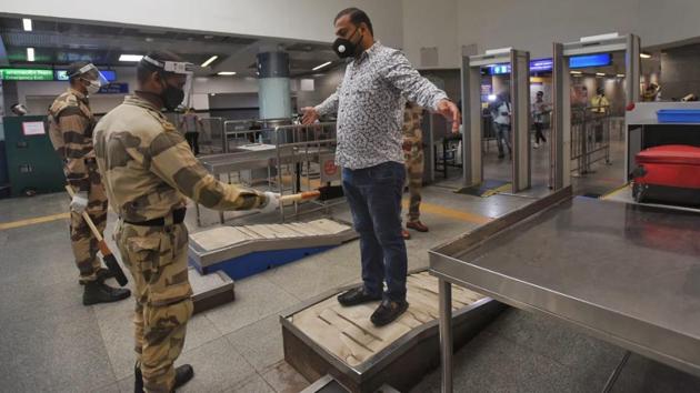 Security check in progress at metro station. (Amal KS/HT)