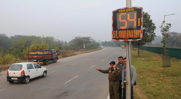 One of the driver feedback systems set up in Chandigarh. (HT Photo) One of the driver feedback systems set up in Chandigarh. (HT Photo)