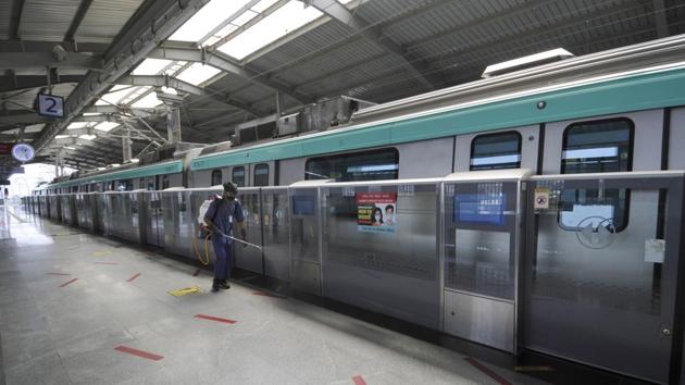 Preparations underway for the reopening of Aqua Metro Line, Noida on September 5. (Sunil Ghosh / HT photo) Preparations underway for the reopening of Aqua Metro Line, Noida on September 5. (Sunil Ghosh / HT photo)