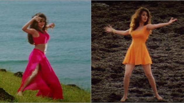 Urmila Matondkar’s sartorial sense in Rangeela was by and large casual, with a few sarees and lehengas to add gravitas to her character.(Eros Now/YouTube)