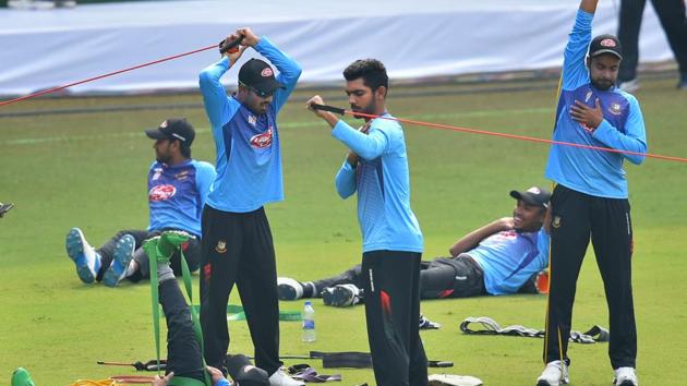 Bangladesh cricketers (L-R standing) Mohammad Mithun, Saif Hassan and Abu Jayed during a practice session.(PTI) Bangladesh cricketers (L-R standing) Mohammad Mithun, Saif Hassan and Abu Jayed during a practice session.(PTI)