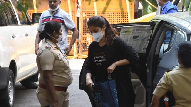 Rhea Chakraborty was arrested by the Narcotics Control Bureau on Tuesday afternoon.(Bhushan Koyande/ HT Photo)