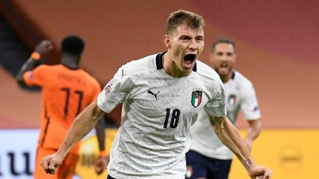 Italy's Nicolo Barella celebrates scoring against Netherlands in a Nations League match.(REUTERS)