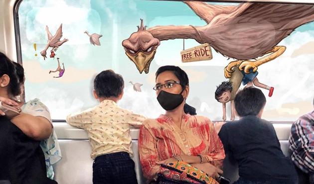Is that a flying duck-like creature attracting the kids to look out of the window of a moving train? No, that’s illustrator Samar Khan’s imagination that has resurged with the return of Delhi Metro on tracks! (PHOTO: Instagram) Is that a flying duck-like creature attracting the kids to look out of the window of a moving train? No, that’s illustrator Samar Khan’s imagination that has resurged with the return of Delhi Metro on tracks! (PHOTO: Instagram)