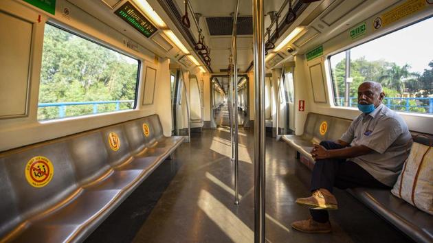 A commuter is seen travelling inside a nearly empty Delhi Metro train following the resumption of services in New Delhi on September 8. More than 1 million people have tested positive for the coronavirus in India in less than two weeks. (Biplov Bhuyan / HT Photo) A commuter is seen travelling inside a nearly empty Delhi Metro train following the resumption of services in New Delhi on September 8. More than 1 million people have tested positive for the coronavirus in India in less than two weeks. (Biplov Bhuyan / HT Photo)