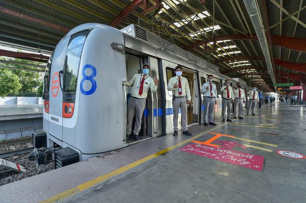 New Delhi: Drivers gesture during trial-run of metro trains on the Blue Line, ahead of its resumption after being closed for over five months due to coronavirus pandemic, at Yamuna Bank station in New Delhi, Tuesday, Sept. 8, 2020. (PTI Photo/Arun Sharma)(PTI08-09-2020_000141B) (PTI) New Delhi: Drivers gesture during trial-run of metro trains on the Blue Line, ahead of its resumption after being closed for over five months due to coronavirus pandemic, at Yamuna Bank station in New Delhi, Tuesday, Sept. 8, 2020. (PTI Photo/Arun Sharma)(PTI08-09-2020_000141B) (PTI)