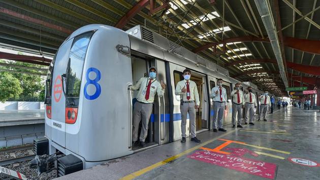 Drivers during the trial-run of Metro trains on the Blue Line, ahead of its resumption from September 9.(PTI) Drivers during the trial-run of Metro trains on the Blue Line, ahead of its resumption from September 9.(PTI)