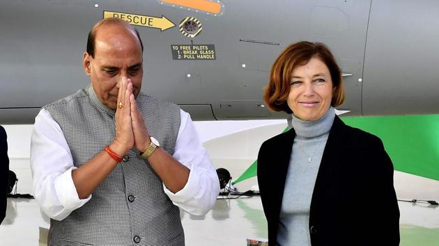Rajnath Singh (and Florence Parly at the ceremony marking the delivery of the first of 36 Rafale fighter jets for India, on October 8, 2019 at Dassault Aviation plant in Merignac.(AFP)