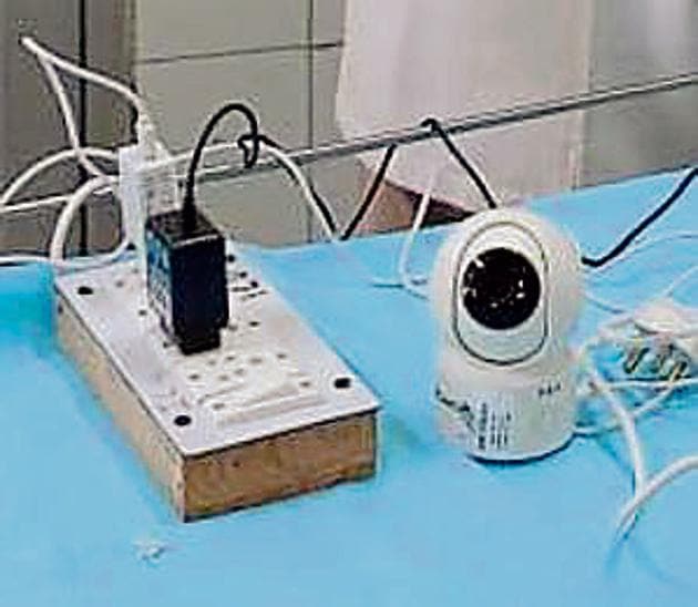 360-degree camera inside the Covid care unit to give live feed of the treatment being offered to the patients; kin can interact with them through a mobile application. (HT PHOTO) 360-degree camera inside the Covid care unit to give live feed of the treatment being offered to the patients; kin can interact with them through a mobile application. (HT PHOTO)