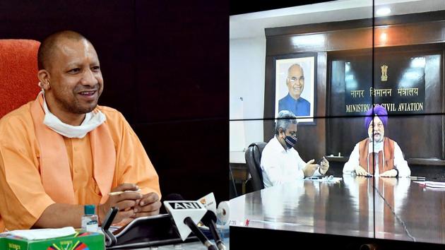 Uttar Pradesh chief minister Yogi Adityanath holds a virtual meeting with civil aviation minister Hardeep Singh Puri.