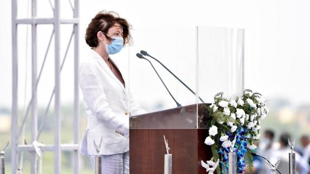 Minister of Armed Forces of France Florence Parly addresses the gathering during the induction ceremony of Rafale aircraft. (Ajay Aggarwal /HT PHOTO)