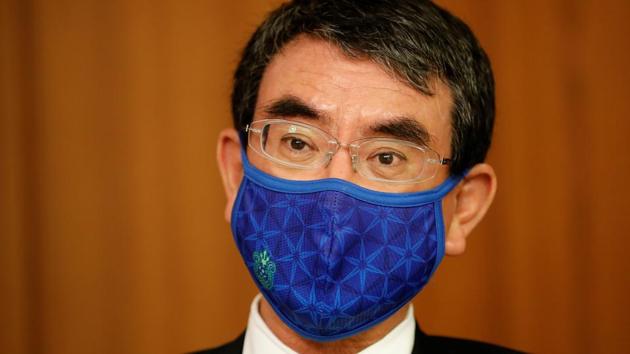 Japan's Defence Minister Taro Kono speaks during an interview with Reuters in Tokyo.(REUTERS)