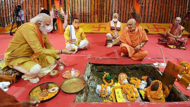 Prime Minister Narendra Modi takes part in Ram Temple bhoomi pujan in Ayodhya on Wednesday.(ANI)