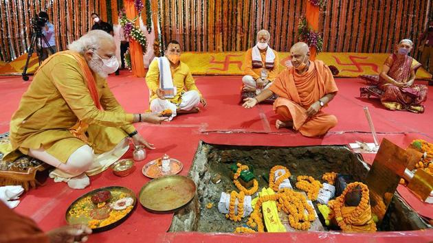 Prime Minister Narendra Modi takes part in the Ram temple “Bhoomi Pujan”, in Ayodhya on August 5.(ANI FILE)