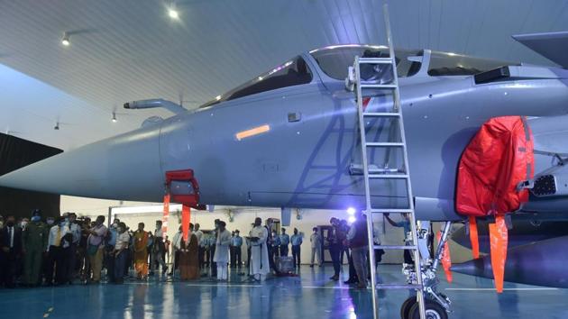 Priests performed 'Sarva Dharma Puja' during the Rafale induction ceremony at IAF airbase in Ambala. Defence Minister Rajnath Singh and his French counterpart Florence Parly, Chief of Defence Staff General Bipin Rawat, and Air Chief Marshal RKS Bhadauria were present during the ceremony. (PTI Photo)