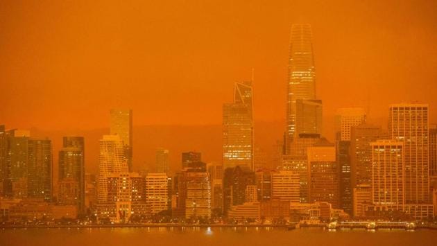 A view of the San Francisco skyline on September 9. While satellites showed a band of smoke hovering along the coast, there was little scent of smoke and the air quality index did not reach unhealthy levels, AP reported. (Brittany Hosea-Small / AFP)