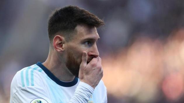 Argentina’s Lionel Messi reacts after being shown a red card.(Reuters)