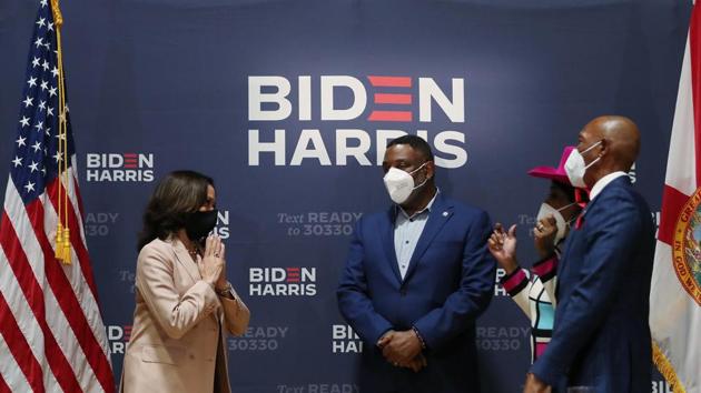 Democratic Vice Presidential Nominee Sen. Kamala Harris (D-CA) speaks with Ruban Roberts, President, Miami-Dade NAACP, Rep. Frederica Wilson (D-FL) and Eric Knowles, Miami Black Chamber of Commerce, as she participates in a community conversation with African-American leaders during a campaign stop at Florida Memorial University on September 10, 2020 in Miami Gardens, Florida. (AFP) Democratic Vice Presidential Nominee Sen. Kamala Harris (D-CA) speaks with Ruban Roberts, President, Miami-Dade NAACP, Rep. Frederica Wilson (D-FL) and Eric Knowles, Miami Black Chamber of Commerce, as she participates in a community conversation with African-American leaders during a campaign stop at Florida Memorial University on September 10, 2020 in Miami Gardens, Florida. (AFP)