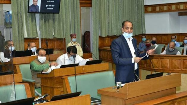 Chief minister Jai Ram Thakur addressing the members in the Vidhan Sabha in Shimla on Friday.(HT Photo)