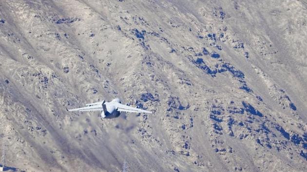 An IAF aircraft flies in the Ladakh region.(Representational Photo/PTI)