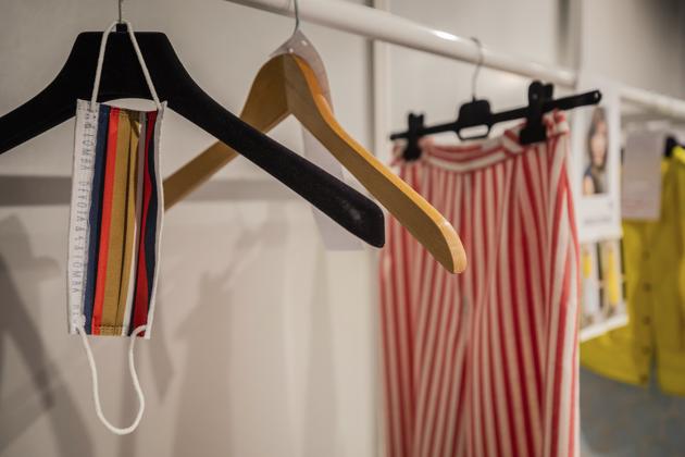 A face mask created by Spanish designer Devota and Lomba hangs at the backstage a day before the start of the Mercedes-Benz Fashion Week in Madrid, Spain, Wednesday, Sept. 9, 2020. (AP) 