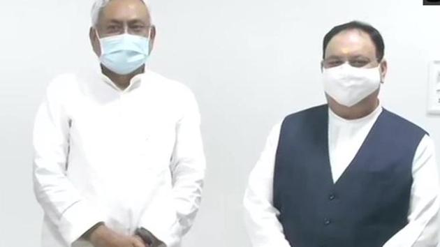 Bihar chief minister Nitish Kumar with BJP national president JP Nadda. (ANI) Bihar chief minister Nitish Kumar with BJP national president JP Nadda. (ANI)