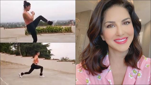 Sunny Leone kicks and lunges in an outdoor space(Instagram/sunnyleone)