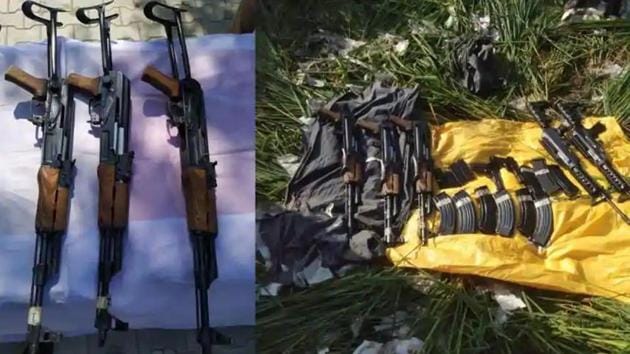 Six magazines of AK-47 and 91 rounds, four magazines of M-16 rifles and 57 rounds, two pistols with four magazines and 20 rounds were also recovered along with the weapons from a field in Ferozepur district.(HT PHOTO.)