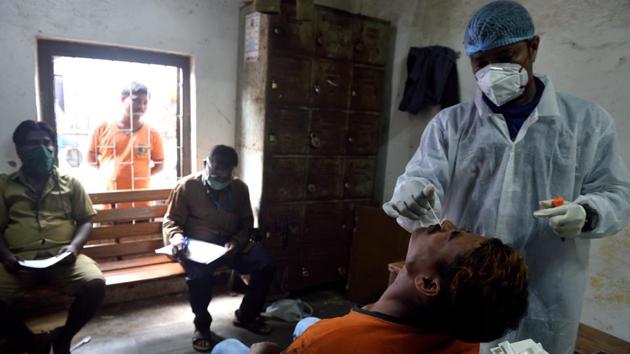 BMC health workers test a person for Covid-19 in Mumbai on September 10. For perspective, until the end of May, India’s official caseload was about 200,000, which is roughly 3% of the estimated cases found in the ICMR survey. The country’s current case load is over 4.6 million, hinting at inadequate testing for the disease, experts told HT. (Satish Bate / HT Photo) BMC health workers test a person for Covid-19 in Mumbai on September 10. For perspective, until the end of May, India’s official caseload was about 200,000, which is roughly 3% of the estimated cases found in the ICMR survey. The country’s current case load is over 4.6 million, hinting at inadequate testing for the disease, experts told HT. (Satish Bate / HT Photo)