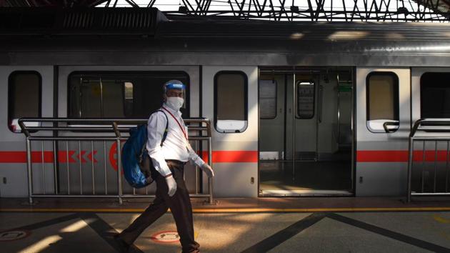 The last line on the network, the Airport Express Line, will open Saturday, when the Delhi Metro will revert to its pre-lockdown operational timings of 6am to 11pm.(Sanchit Khanna/HT PHOTO)